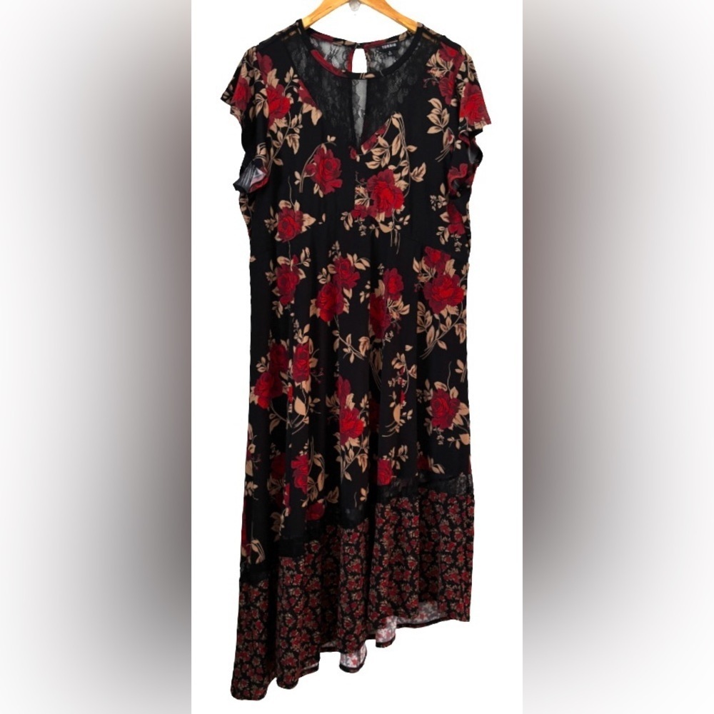 torrid Whimsigoth blk lace & studio knit floral fluttr slv assym midi drss SZ 3 - Picture 4 of 10
